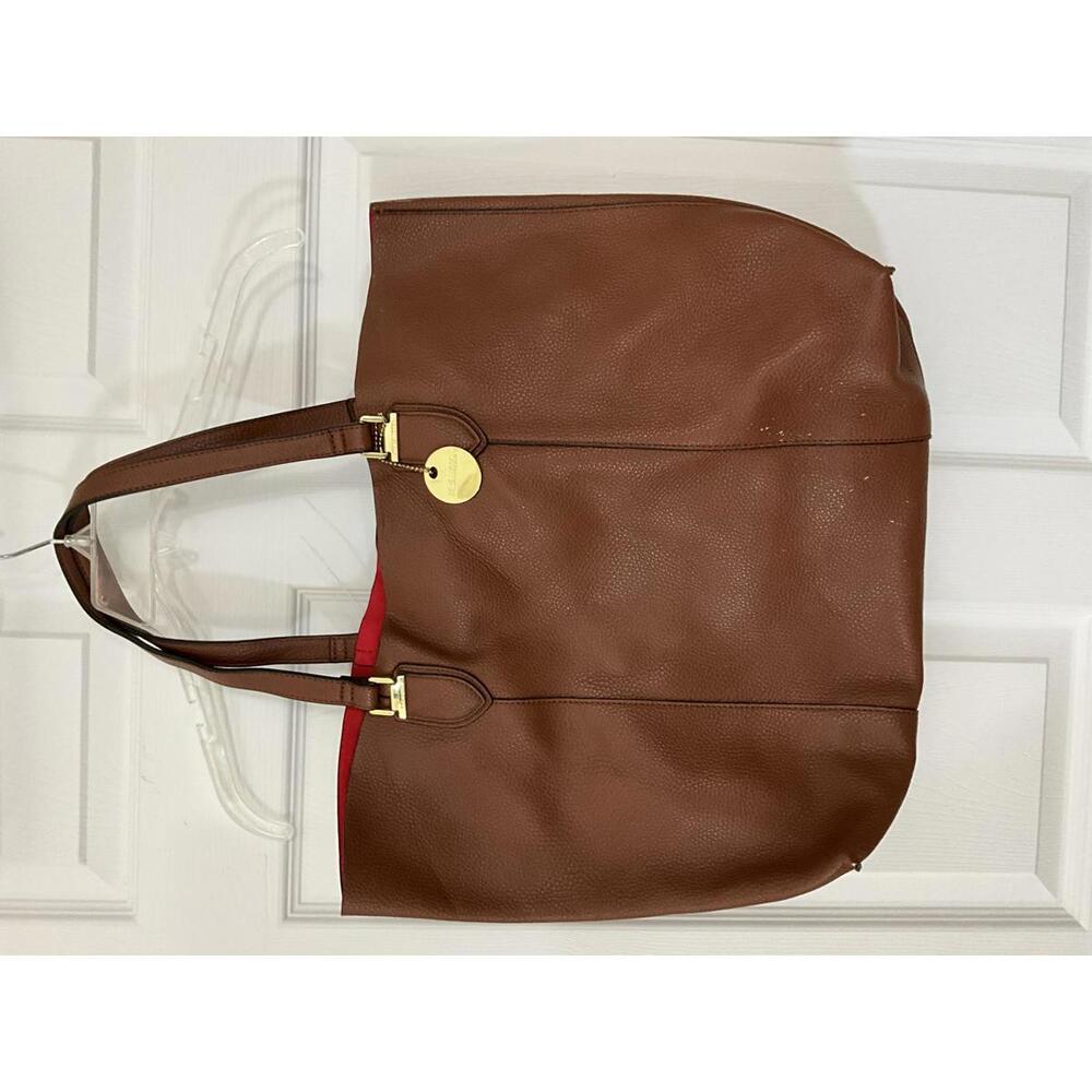 Brown Faux Leather Tote Bag with Red Interior